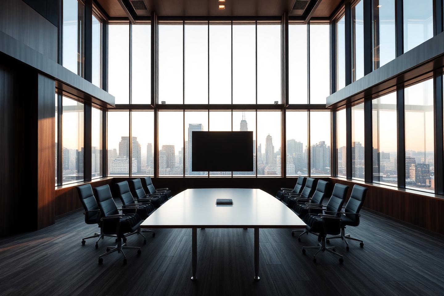 Executive boardroom overlooking a city skyline